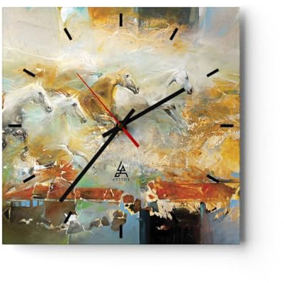Modern Wanduhr Pferde Galopp Modern 40x40cm Quadrat Groß Wand Uhr Glas Analog Zimmeruhren Küche Büro Wohnzimmer Glasuhr Wall Clock Dekoration Design Wanddekoration Küchenuhr C3AC40x40-4506