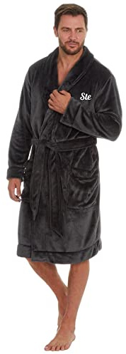 Style It Up Personalised Mens Dressing Gown Long Sleeve Hooded Bath Robe Warm Snuggle Fleece (Plain, Grey, One Size)