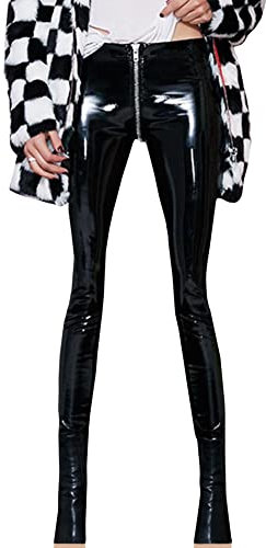SEMATOMALA Damen Latex-Leggings mit Reißverschluss im Schritt, sexy PVC-Kunstleder, glänzend, Wet-Look, Schwarz/Rot, Enge Dessous-Hose, Schwarz, Groß