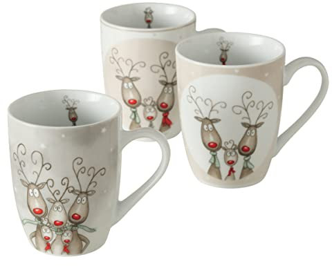 3 Stk Kaffeetassen Rentier Elch n708 rot creme 330ml Frohe Weihnachten Tassen Porzellan Becherset Familie Weihnachtsdeko Geschirr Rentiere Rehe Elche Kaffeepott Kaffeebecher