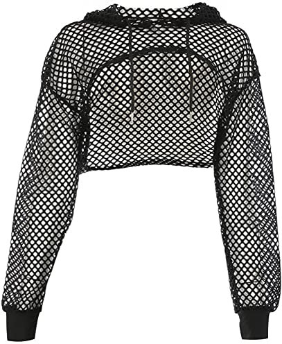 Rave Outfit Damen Langarm Netzoberteil Bauchfreies Mesh Netz Oberteil Frauen Crop Top Teenager Mädchen Sweatshirt mit Kapuze Techno Neon Party Streetwear Hip Hop Kleidung Clubwear Schwarz L