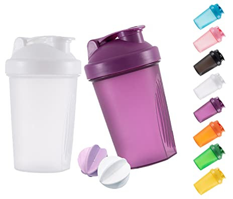 GAISHION Shaker Bottle - Batidos de proteínas y botella agitadora de 400 ml con bolas batidoras, libre de plástico BPA (morado + blanco (2 unidades)
