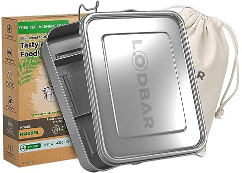 LodBar - Portapranzo In Acciaio Inossidabile Lunch Box A Prova Di Perdite Da 1400 Ml, 2 Divisori Mobili E 1 Borsa Ecologica - Lunchbox contenitori Adatto Per Adulti E Bambini