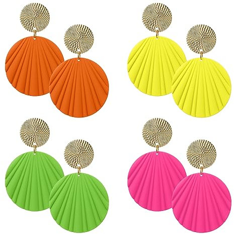4 Paar Neon Ohrringe Leuchtend Damen Koreanische Statement Ohrringe Bunt Geometrisch Rund für Mädchen Lustige Orange Pink Matte Lackschale Tropfen 80er Jahre Neon Party Accessoires Festival Schmuck