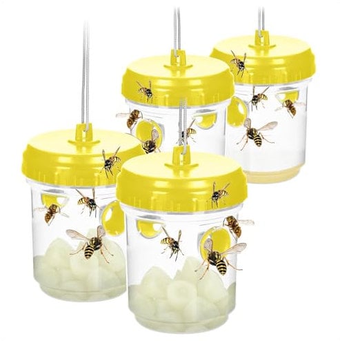COM-FOUR® 4x Trappola per vespe – Trappola viva ecologica da appendere – Protezione per esterni – Cattura insetti in plastica – umana per il controllo degli insetti (04 pezzi - giallo 13 cm)