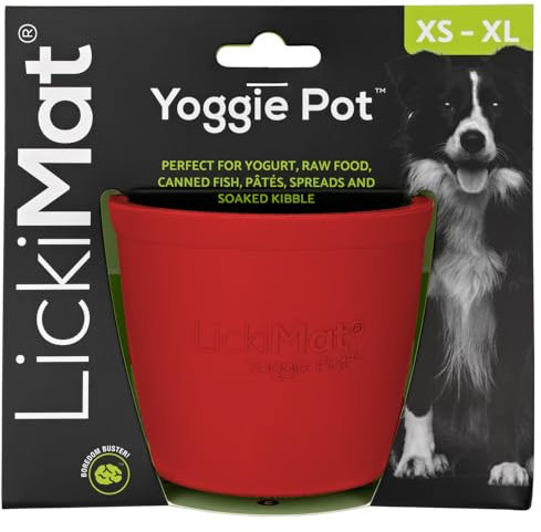 LickiMat Yoggie Pot – Distraction, Fun and Enrichment. Long Lasting Rubber Licking Treat Dispenser for All Dog Sizes and Slow Feeder for Small Dogs. The Newest LickiMat, Red