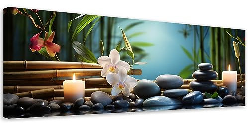 Feeby Wandbilder Zen Spa Orchidee 120x40 cm 1 tlg Schlafzimmer Modern Vlies Leinwandbilder Bild auf Leinwand Kunstdruck Wand Wanddeko Design Wohnzimmer Büro Flur Hotel Spa Steine Kerzen mehrfarbig