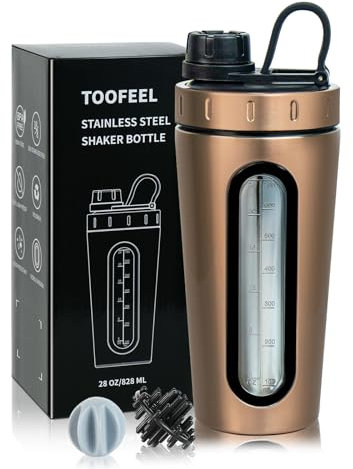 TOOFEEL Edelstahl Shaker Flasche – 28 oz Metall-Shaker-Becher für Protein-Shakes, 2 Schneebesen, bleibt nicht kalt/heiß, Protein-Shaker-Flasche mit sichtbarem Fenster, auslaufsichere