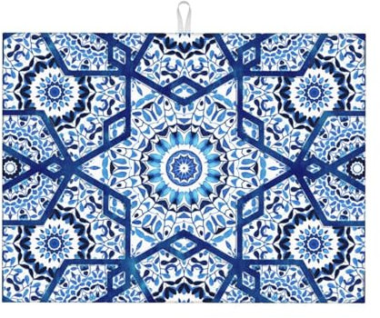 Gearsly Tapetes de secado de platos para encimera de cocina, color azul, bohemio, vintage, de México, absorbente, tapete escurridor de platos de 18 x 24 pulgadas, microfibra antideslizante de secado