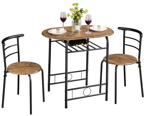 Yaheetech 3 Piece Dining Room Set, Modern Dining Table and Chairs Set of 2, Compact Bar Table and Chairs with Metal Legs and Shelf Storage for Kitchen/Apartment/Small Space, Brown