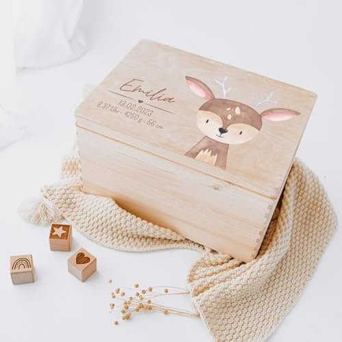 wunderwunsch® - Personalisierte Erinnerungsbox Baby mit Spezial-Druck - Baby Erinnerungsbox - Erinnerungskiste aus Holz - Geschenk zur Geburt (Reh, M-Klappdeckel)