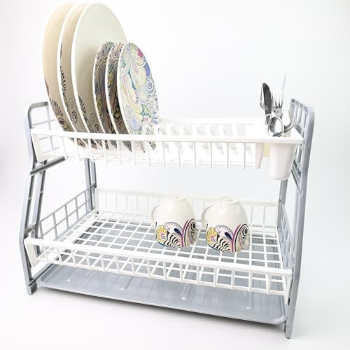 DIVCHI 2-Tier Dish Drying Rack Large Capacity Plastic Dish Drainer, Utensil Holder, Drain board - Kitchen Counter, Over Sink Organizer for Plates, Bowls, Cups (Silver)
