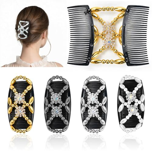 HEKOBAG Perlen Haarkämme, 4 Stück Magische Dehnbar Kämme Dehnbar Haarspangen Elastisch Perlen Doppel Haarkämme zum stecken Haarspange Stretch für Frauen und Mädchen