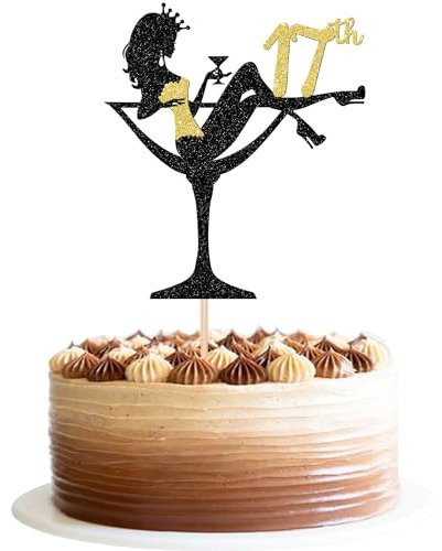 1 Stück 17th Sitzendes Mädchen Tortendeko, 17th Geburtstag Cake Topper Glitter High Heel Mädchen Kuchen Deko für Mädchen Lady Spa Bachelorette Thema Geburtstag Party Kuchen Dekorationen Gold