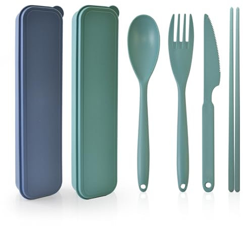 Verlängern Besteck Set, 2 Pcs Camping Besteckset mit Koffer, Kunststoff Reisebesteck Löffel Messer Gabel Essstäbchen Etui, Campingbesteck Tragbares Wiederverwendbares für Picknick Outdoor