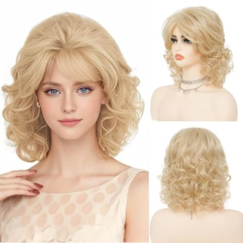 Salaibs Damen Blonde Kurze Lockige Perücke mit Bangs Schulter Länge 70er 80er Jahre Retro Haar Perücken Natürliche Hitzebeständige Faserperücke für Cosplay Kostüm Disco Party Gebrauch