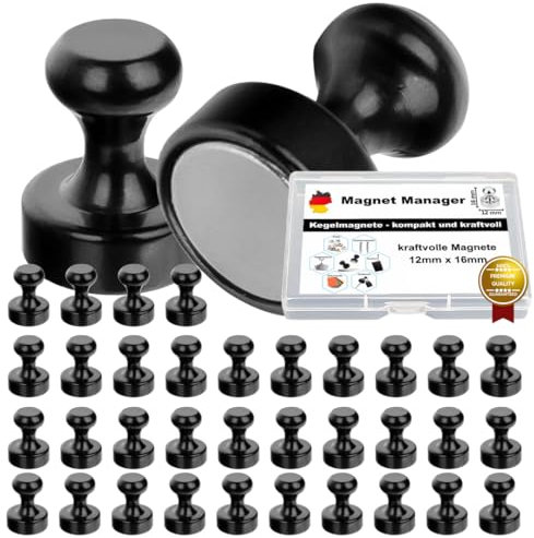 Magnet Manager - Büromagnete - kleine Magnete - 12 x 16mm - Starke Magnete - Schwarz - Premium Minimagnete - Kühlschrankmagnete - Kegelmagnete- Magnete für Magnettafel -Whiteboard Magnete (24)