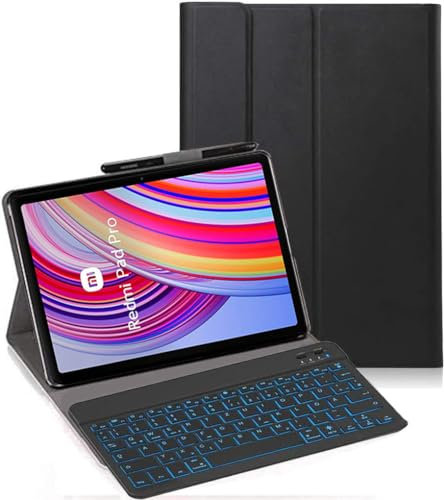 YHFZR Tastatur Hülle für Redmi Pad Pro 12,1 Zoll, [QWERTY Layout] Ultraslim Hülle mit 7 Farben Beleuchtung Kabellose Tastatur mit Schützhülle für Xiaomi Redmi Pad Pro 12,1 Zoll, Schwarz