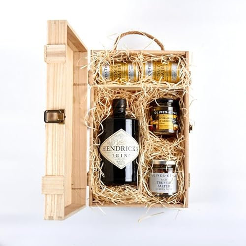Generic Hendricks 70cl Gin Gift Set Hamper & Luxury Nibbles Wooden Gift Box Set - Gift for Gin Lovers, Congratulations, Thank you Gift, Gift for him and her.