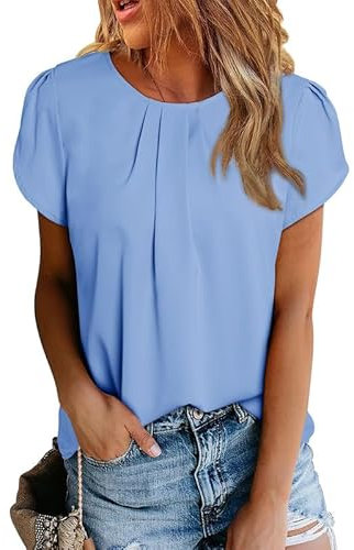 Dokotoo Damen Bluse Kurzarm Falten Tunika Elegant Chiffon Blusenshirt Sommer Rundhals Lose Oberteile Shirts Top, himmelblau, L