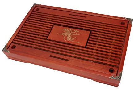 Vassoio da tè in Legno Conservazione 'acqua in Stile Cinese Buona Protezione Vassoio di Scarico del tè con Tubo di Scarico e Sfera per Uso Domestico (Rosso scuro)