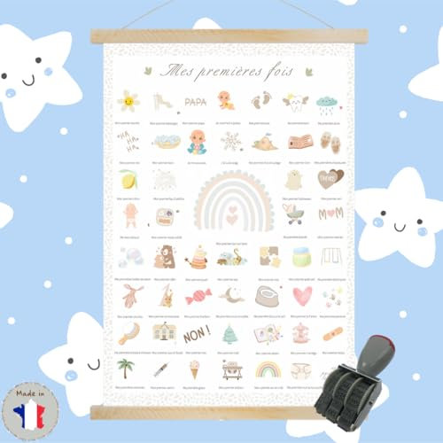 Affiche Mes Premières Fois à tamponner - Cadeau de naissance personnalisé bébé fille garcon - boite souvenir parents jeune maman- Décoration chambre (COFFRET Affiche + Cadre baguette + Tampon)