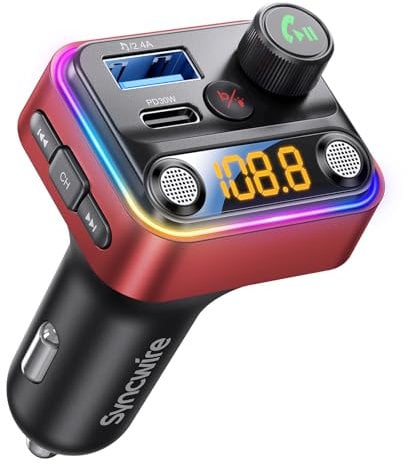 Syncwire Bluetooth 5.4 FM Transmitter Car Adapter 42W [Light Switch] [Stronger Dual Mics] [HiFi Bass] [Fast Charging] Wireless Radio Music Adapter LED Display Hands-Free Call Support USB Drive, Red