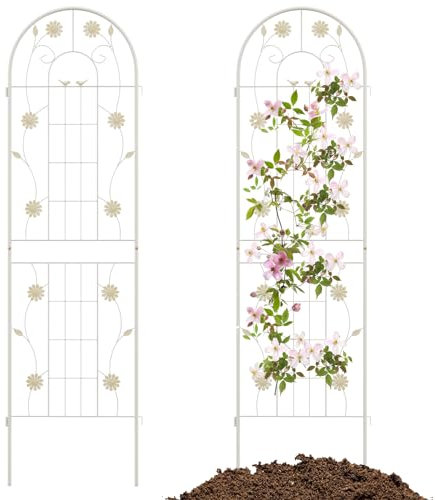HOMASIS Rankgitter Metall, Spalier für Kletterpflanzen, Rankhilfe zum Stecken, dekorative Gartenspalier Gartenzaun Rankspalier für Rosen Blumen Tomaten (Weiß,220x50cm,2)