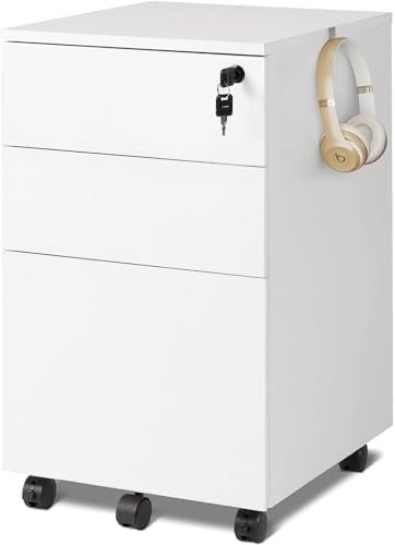 DEVAISE 3 Drawer Filing Cabinet, Lockable File Cabinet Wood Under desk storage fits Letter/Legal/A4 Size for Home Office, White