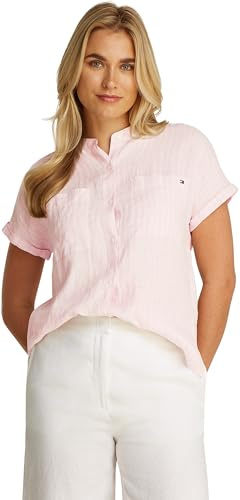Tommy Hilfiger Damen Bluse Linen Collarless Kurzarm