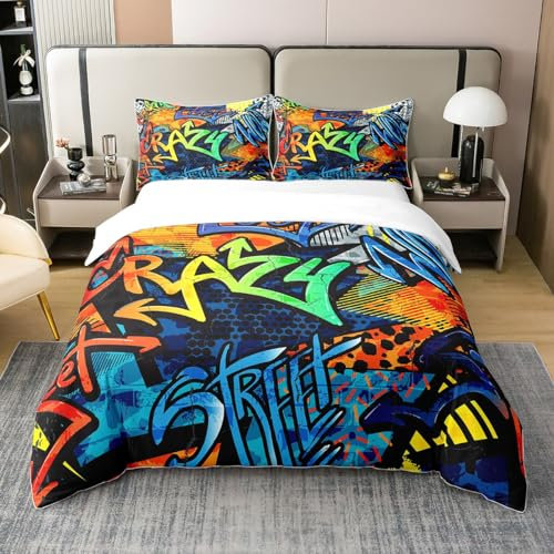 Loussiesd Hippie Graffiti Style Bettwäsche Teens Hip Hop Dekor Bettbezug Set für Kinder Jungs Mädchen Graffiti Muster Bettwäsche Set 155x220cm 100% Baumwolle Street Culture Theme Betten Set 2Pcs