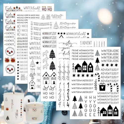 BGTLJKD 6 Pcs A5 Kerzentattoos weihnachten, Kerzenfolie Kerzen Tattoo Weihnachten Kerzen Sticker Wasserschiebefolie Kerzen kerzen beschriften folie Kerzentattoo, für Kerzen/Keramik