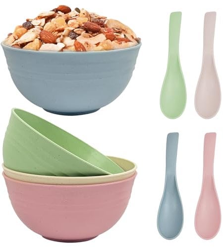 WYTNB 4Stks Unzerbrechliche Müslischalen, 700ml Kunststoff Suppenschüssel, Spülmaschinen und Wiederverwendbar Plastik Salatschüssel, Camping Snack Pastaschalen mit 4 Löffeln für Snack Frühstück