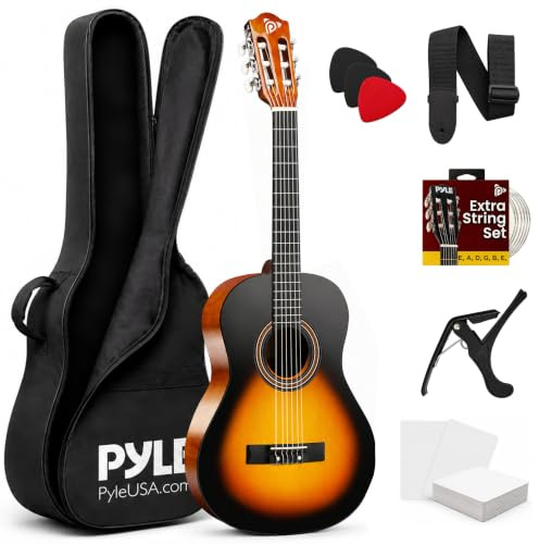 Pyle Beginner Acoustic Guitar, Junior Size 76 cm, All Wood Build Nylon String with Capo Strap, Extra String Set, and Gig Bag Acoustic, For Kids Adults Youth Classical Kit Sunburst Teardrop Gloss