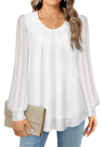 Gemulate Ladies Chiffon Tops Long Sleeve Blouses for Women UK Elegant Loose Flowy Crew Neck Tunic Tops Double Layers Mesh Shirts White XL
