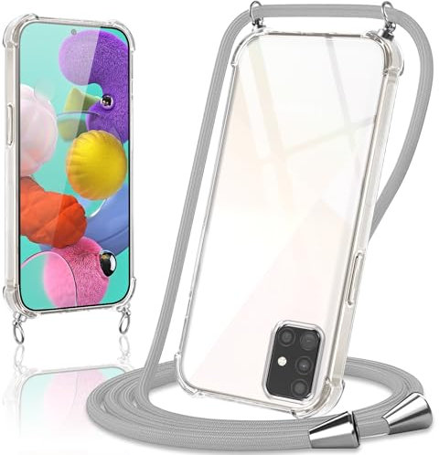 Coiwxmoi Handykette Handyhülle für Samsung Galaxy A51 4G / M40S Hülle mit Band 6.5,Transparent Case mit Kette Abnehmbar zum Umhängen Kordel Schutzhülle,Weich Silikon TPU Stoßfest Cover,Grau