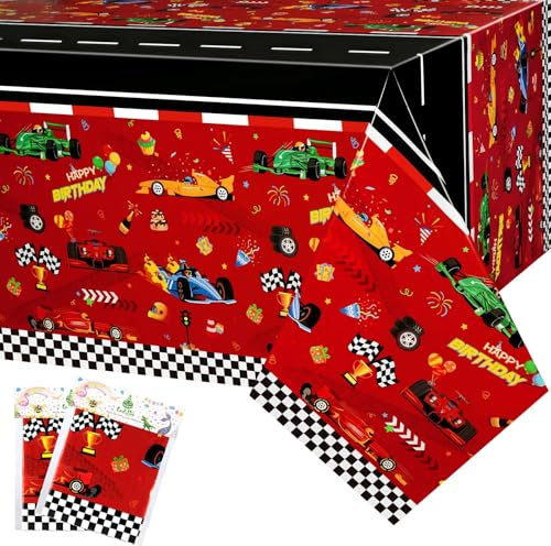 WERNNSAI Rennwagen Tischdecke – 2 Stück 137 x 274 cm rechteckige Rennstrecken Tischdecke Auto Thema Geburtstagsdekoration rote Rennwagen Tischdecke für Kindergeburtstagspartys für Jungen