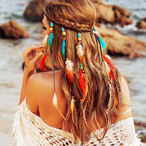 Reaky Serre-tête à plumes style bohème indien rouge avec plumes turquoises - Accessoires de cheveux pour femme