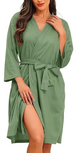 Lovasy Bademantel Damen Waffelpique 3/4 Ärmel Saunamantel Waffelstrick Morgenmantel Weich Leicht Knielang Loungewear mit Gürtel Taschen,Grün,L