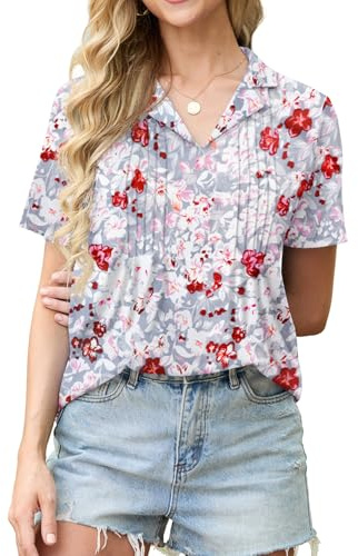 GRECERELLE Women Summer Tunic Short Sleeve Tops for Women UK V Neck Elegant Casual Ladies Pleated Floral Blouse Shirts