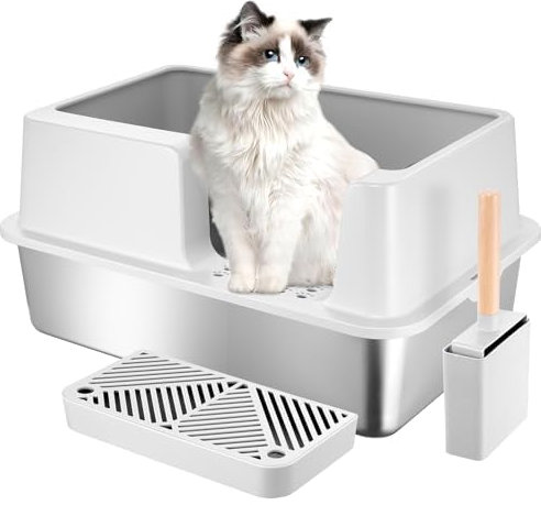 LeadGoods Große Edelstahl Katzenklo,XXL Offene Edelstahl Katzentoilette, 60*40*29CM, Katzenklo Groß, Geschlossenes Design mit hohen Wandkanten, Antihaftbeschichtet Auslaufsicher und leicht zu reinigen