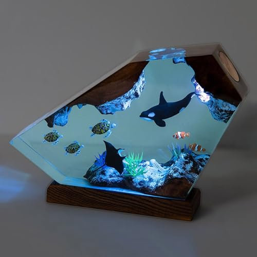 Drawelry 3D Epoxidharz Ozeanfigur Ornamente mit Holzsockel, LED Buntes Nachtlicht, Harz Ozean Tier Statue Hai Wale Pinguin Oktopus Figuren Skulptur Kunsthandwerk Mini Meere Aquarium Dekoration (B9, S)