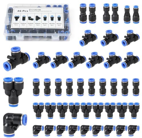 EFUTURETIME 46 Pièces Raccord Rapide Pneumatique 8mm Connecteur de Tuyau d'Air, avec 10 Raccords Droits, 10 à Angle, 10 en Y, 10 en T et 6 Réducteurs Chacun (2 pièces de Chaque: 4-6, 4-8 et 6-8)