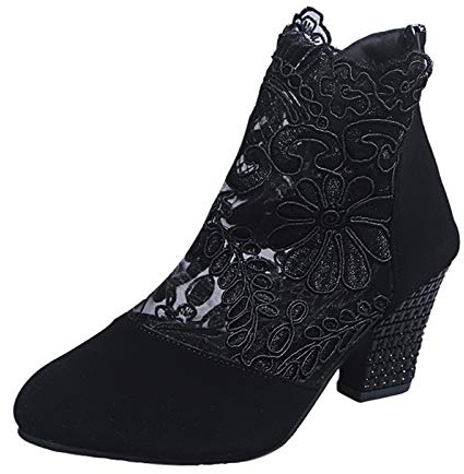 Sandali da donna con tacco a punta, stivaletti con tacco a blocco, stivali estivi con motivo floreale, scarpe estive traspiranti, tinta unita, scarpe per il tempo libero leggere, Nero , 37 EU