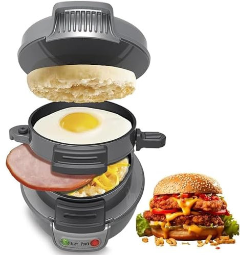 Electric Breakfast Sandwich Maker - Non-Stick Dual Sided Press with Egg Cooker Ring, Easy to Clean Hamburger and Waffle Machine, Commercial-Grade Kitchen Appliance