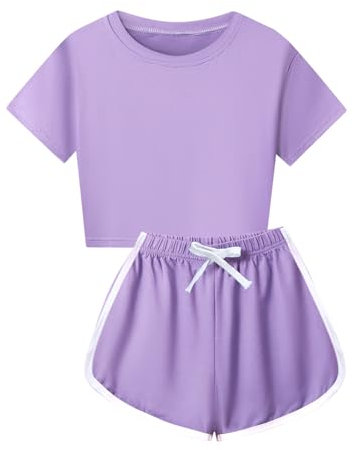 Mufeng Unisex Ragazze Sport Abbigliamento Completo Sportivo T-Shirt Maglietta a Manica Corta e Pantaloncini Tuta Estiva Cotone Tute da Ginnastica Artistica Viola 7-8 anni