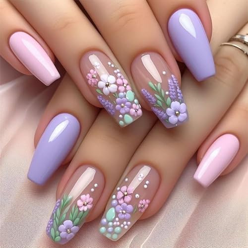 Shimmerz 24 Pieces French Flower Press-On Nails Coffin Shape Medium False Nails Glossy Purple and Pink Spring Summer Sweet False Nails for Women