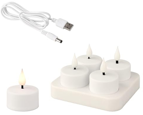 LED Teelichter 4cm Kunststoff - 4er Set Elektrische Teelicht Kerzen mit Ladestation - batteriebetrieben & über USB aufladbar - Teelichtkerzen flackernde Flamme Effekt - Dekokerzen Weiß Warmweiß