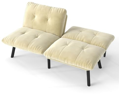 WEALTHOUSE 2‑Sitzer‑Futon‑Couch mit Schlaffunktion – klappbares Lounge‑Sofa als Schlafcouch und Relaxsessel, metallverstärkter Rahmen mit weicher Schaumstoffpolsterung und edlem Samtbezug (Creme)