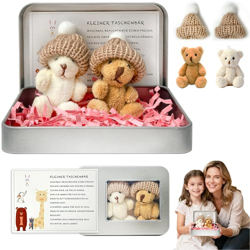 PICKONA 2 Stücke Mini Teddybär - Teddybär Klein Pocket Hug Deutsch Mini Stofftiere Kleiner Teddy Mit Karte & Geschenkbox, Klein Positive Ggeschenke für Geburtstag, Gute Besserung Geschenke (DE-Karte)